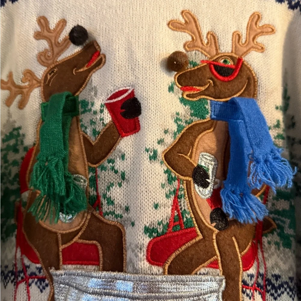 Deer Cheer BLIZZARD BAY Pullover Reindeer Drinking Ugly Christmas Sweater XL